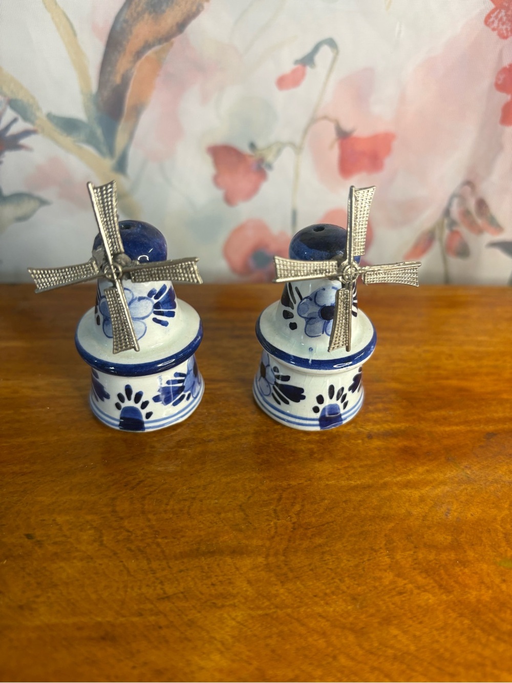 Vintage Blue & White Windmill Salt and Pepper Shakers - Ceramic Serveware
